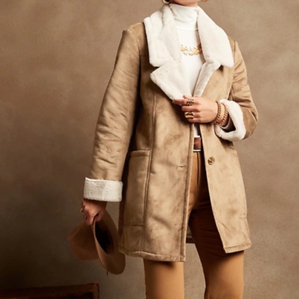 Banana Republic Factory Tan Faux Fur Trim Coat Ladies‎ size Large Tall NWT